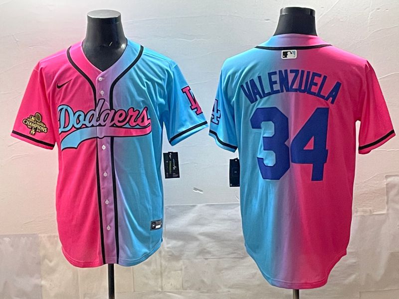 Men 2025 Los Angeles Dodgers #34 Valenzuela Blue pink Game Nike MLB Jersey style 07->detroit tigers->MLB Jersey